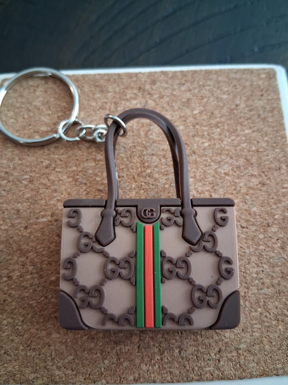 Limited Edition! Mini Brown Tote Keychain with Green and Red Stripe